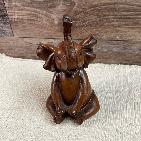Carved Woodlike Sitting Elephant Trunk Up Good Luck Brown 8” High - Picture 1 of 10
